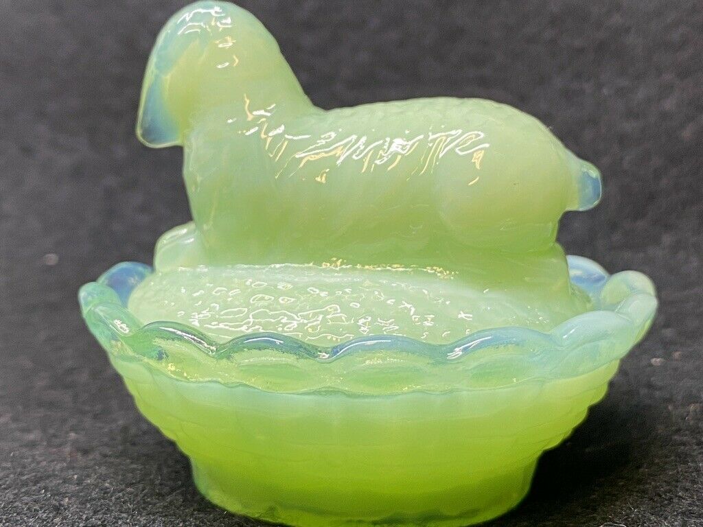 Jadeite Green Milk Glass Lamb On Nest Basket Easter Salt Cellar Sheep Animal Art