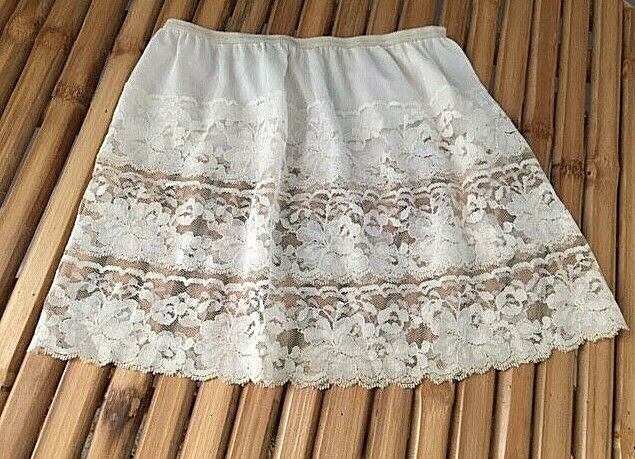 Vintage Short Micro Mini Lingerie Slip Skirt White Floral Lace & Nylon Sz Small