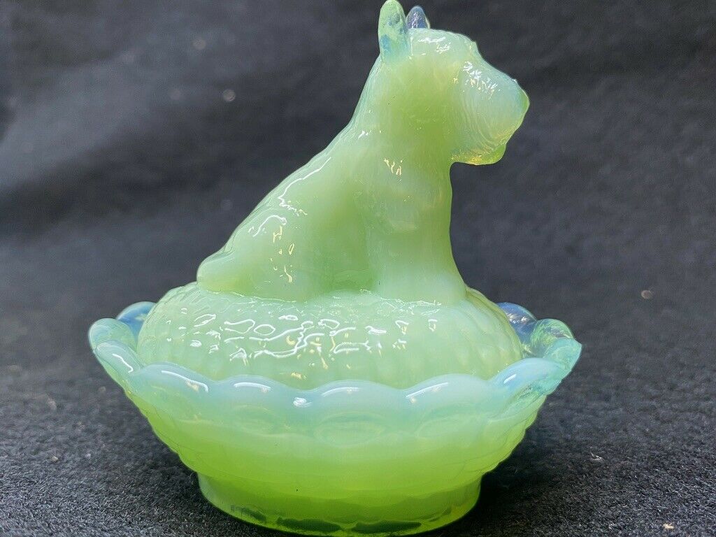 Jadeite Green Milk Glass Dog On Nest Basket Scottish Terrier Salt Cellar Dip Pup